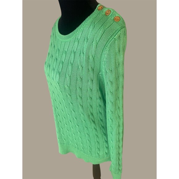RALPH LAUREN SZ L Kelly Green Cotton Viscose Cable Knit 3 Button Preppy Classic - Picture 1 of 8